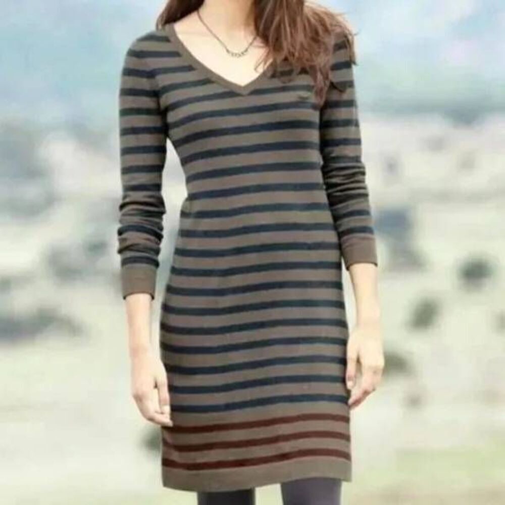 Peruvian Connection Pomata Sweater Dress Medium Taupe Brown Striped Pima Cotton